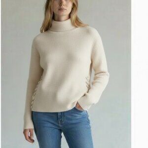 Allude Cashmere Wool Ivory Off White Turtle Neck Sweater Women's Small Braided